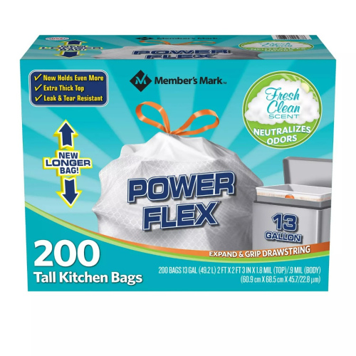 Member's Mark Power Flex Tall Kitchen Drawstring Trash Bags